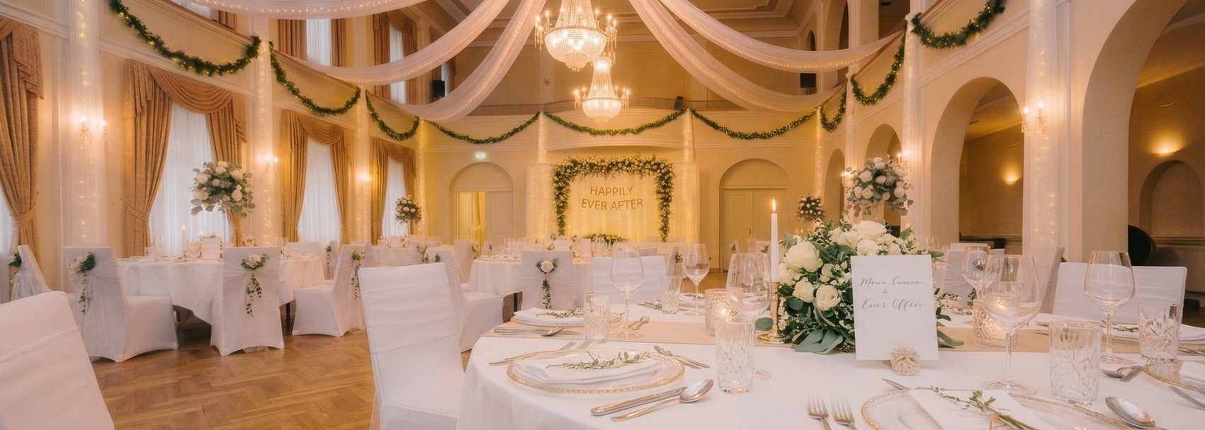Festlich gedeckter Hochzeitssaal